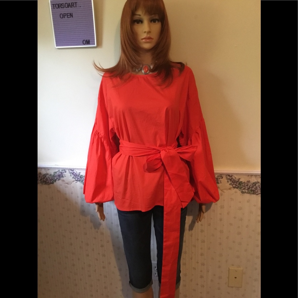 Gorgeous Large red-orange blouse bishop sleeve